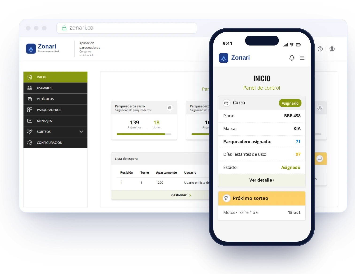 Panel de administrador de Zonari en el navegador y app del propietario en el celular, con el parqueadero asignado y el próximo sorteo